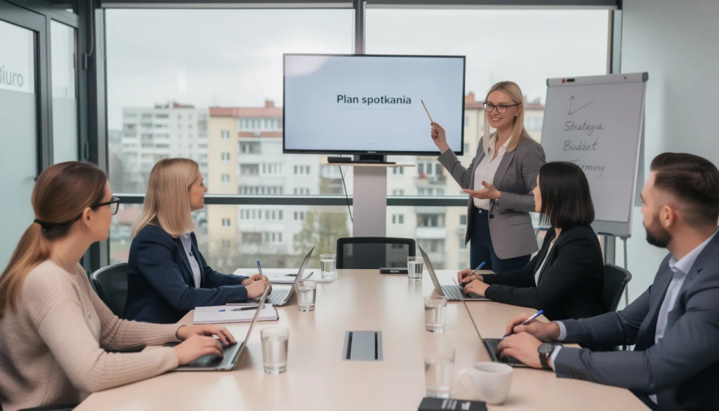 Na obrazie widoczna jest grupa profesjonalistów w biurze, na spotkaniu, gdzie omawiane są strategie marketingowe i rozwój biznesu.